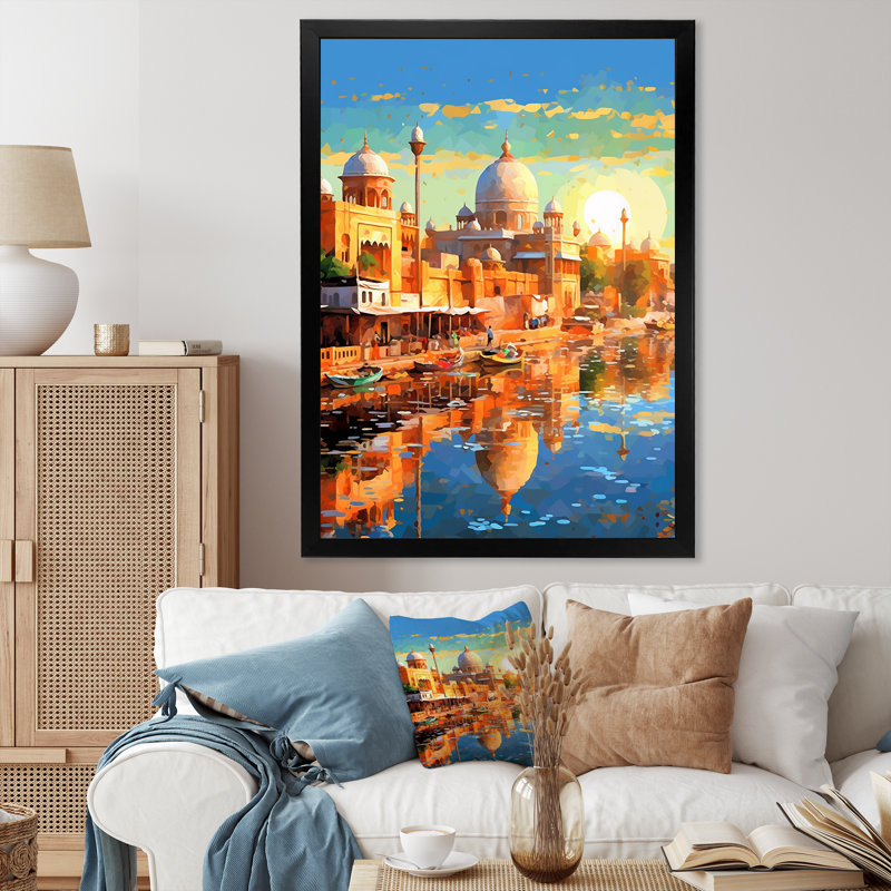«Popart Delhi River Landscape - Cityscapes», reproduction sur toile, H 40 po x l 30 po x P 1,5 po, Cadre photo noir