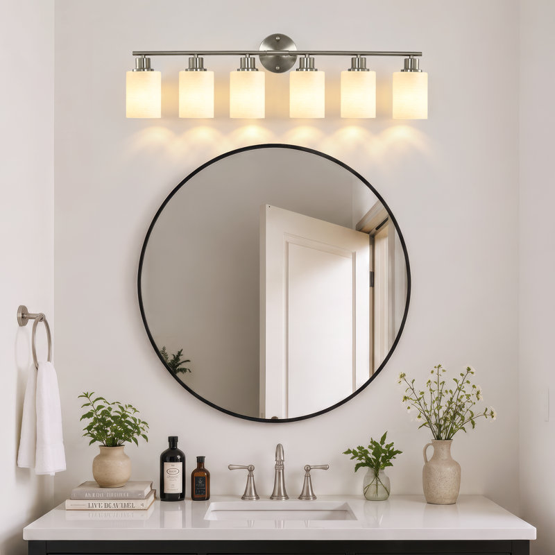 Applique murale à 6 lumières avec variateur et abat-jour en verre blanc, Nickel satiné et blanc, 6