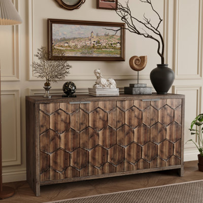 Buffet 4 portes en bois naturel antique. Pour le salon, le bureau, la cuisine et la salle à manger. Tablettes réglables et motifs en sapin rustique. 59,27