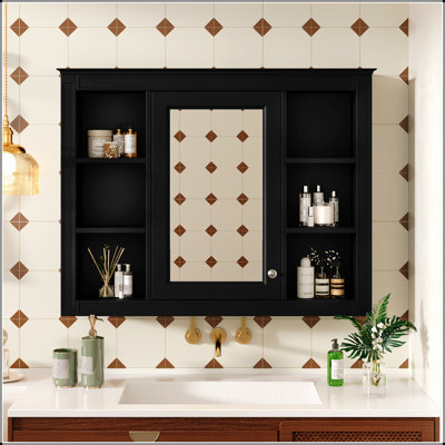 Armoire de salle de bain murale moderne avec miroir et 6 tablettes ouvertes, solution de rangement durable et écologique