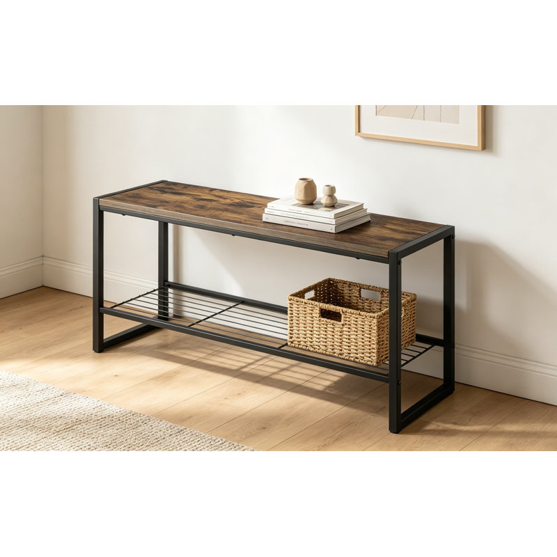 Banc de hall d'entrée industriel moderne avec tablette de rangement, structure en acier robuste et plateau en grain de bois, capacité de 250 lb, assemblage facile, 34,43 po x 11,81 po x 18,74 po