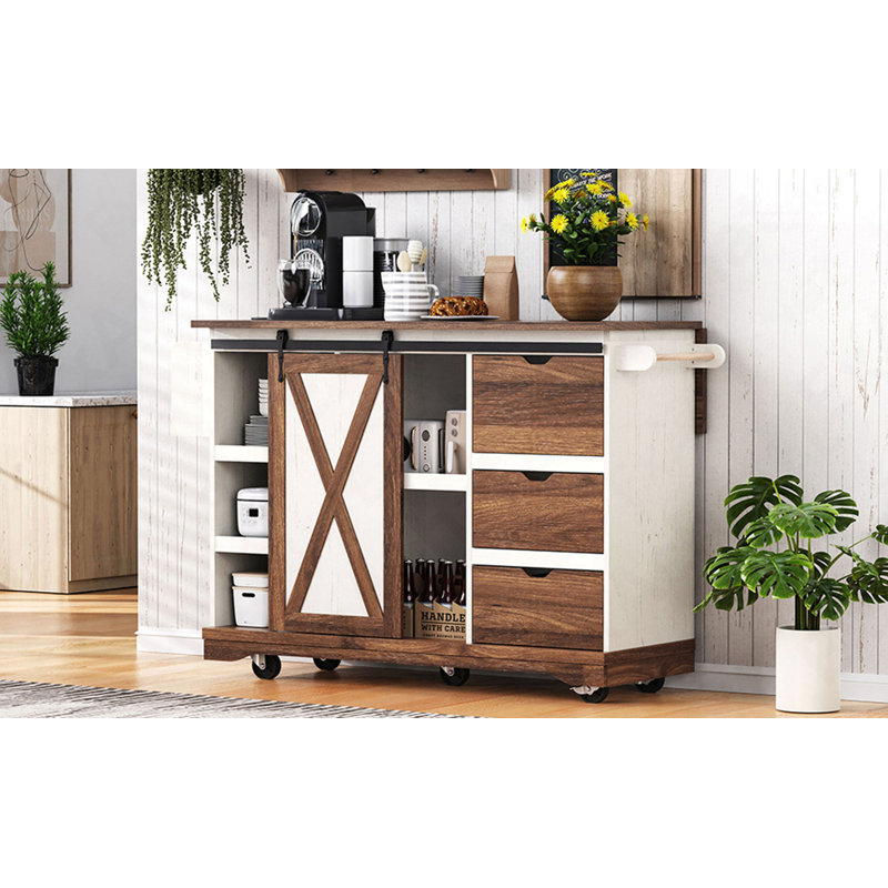 55.5" Farmhouse Kitchen Island With Drop Leaf, Kitchen Storage Island With Barn Door, Power Outlet, Rolling Kitchen Cart On Wheels With Spice Rack, For Home, Kitchen, Dining Room, White