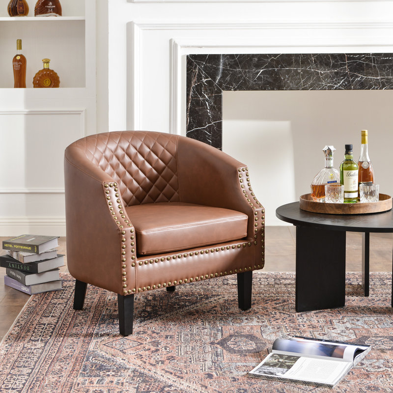 29 " Wide Tufted Small Faux Leather Barrel Bar Club Chair, Brown
