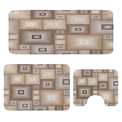 Vintage Bathroom Rug Set 3 Pieces U-Shape & Rectangle Mats Brown and Cream