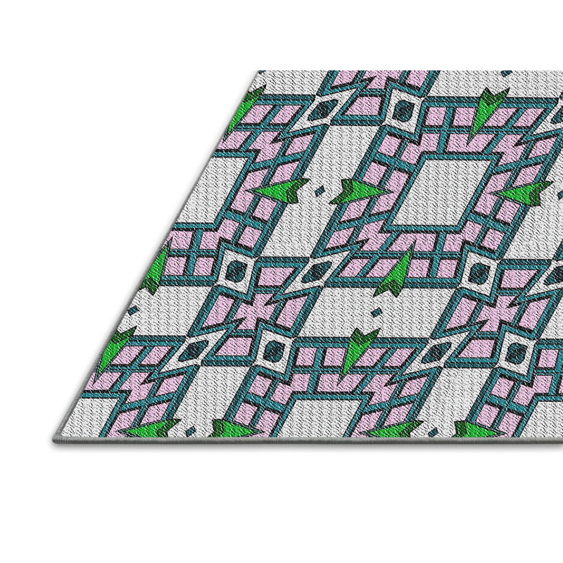 Tapis vert/rose à motifs, Rectangle 4 pi x 6 pi
