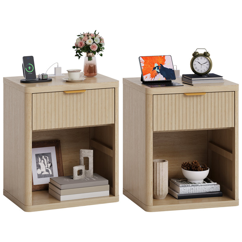Fluted Nightstand with Charging Station, Bedside Table with Drawers Storage Space, Metal Handles and Rounded Corners for Safety, Mid Century Modern End Table, Side Table for Bedroom, Living Room