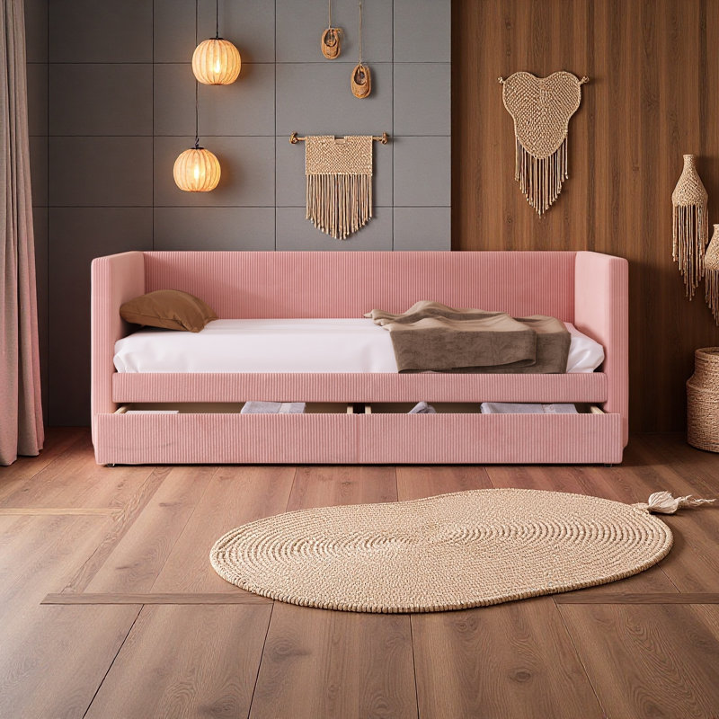 Twin Size Corduroy Daybed With Two Drawers And Wood Slat, Pink