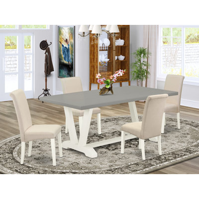5-Piece Dining Set Consists of a Cement Kitchen Table and 4 Cream Linen Fabric Upholstered Chairs with High Back - Wire Brushed Linen White
