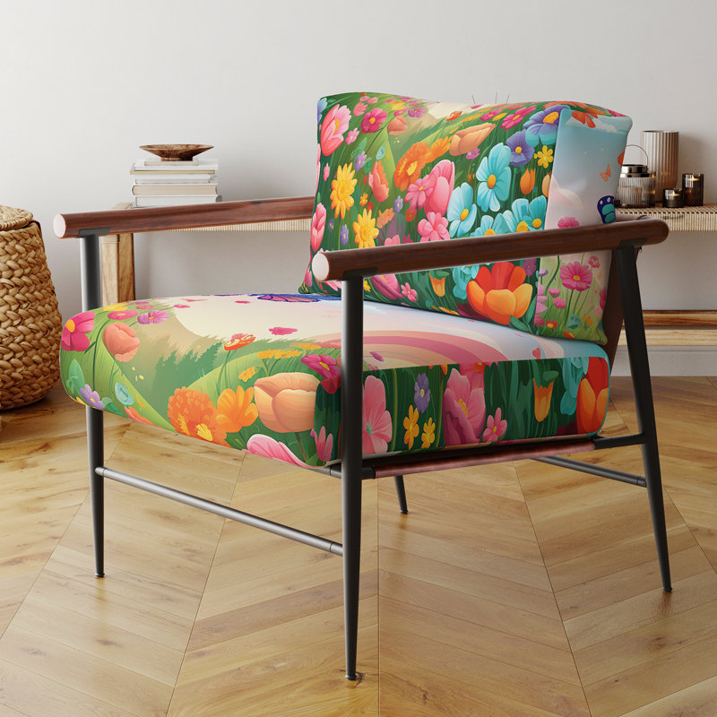 Mauve Butterfles Paradise Rainbow Flowerfield III - Fauteuil rembourré Boho, fauteuil d'appoint Butterfly Art, Noir