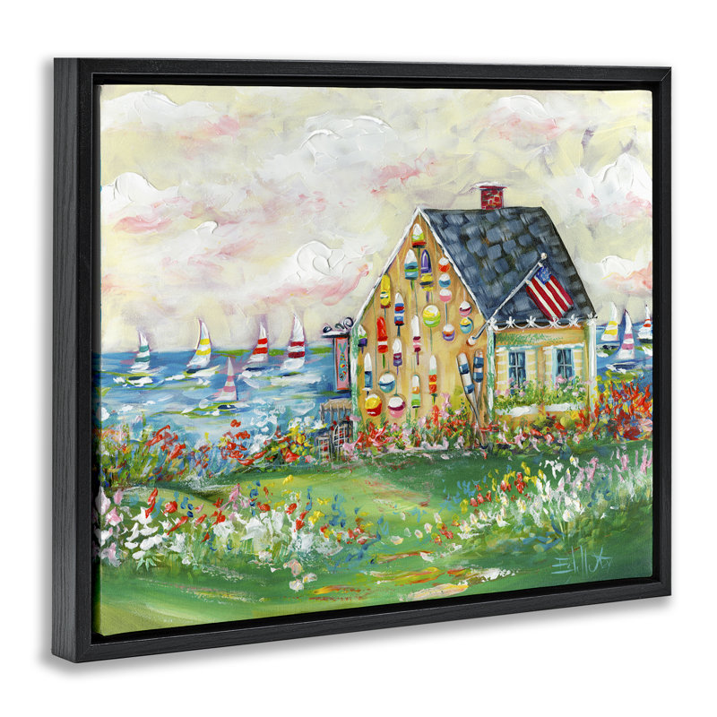  «Buoy Covered Boat House», art mural encadré flottant par Estelle Grengs, H 17 po x l 21 po, Cadre flottant noir de jais