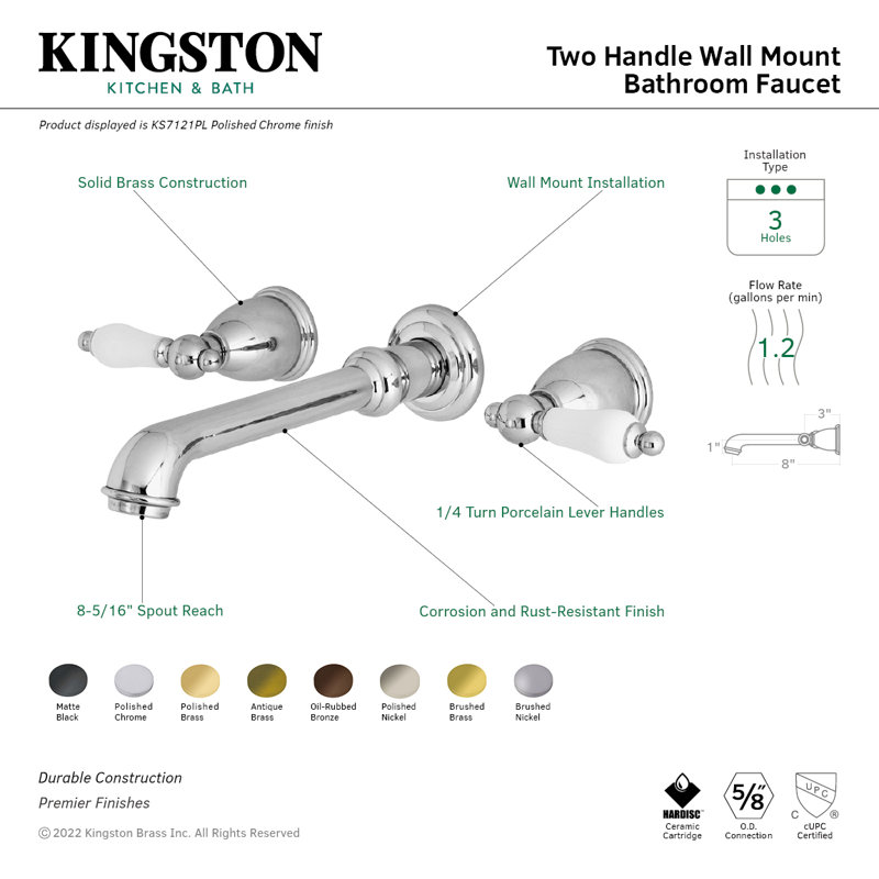 Kingston Brass English Country Two-Handle 3-Hole Wall Mount Bathroom Faucet, Polished Brass/White