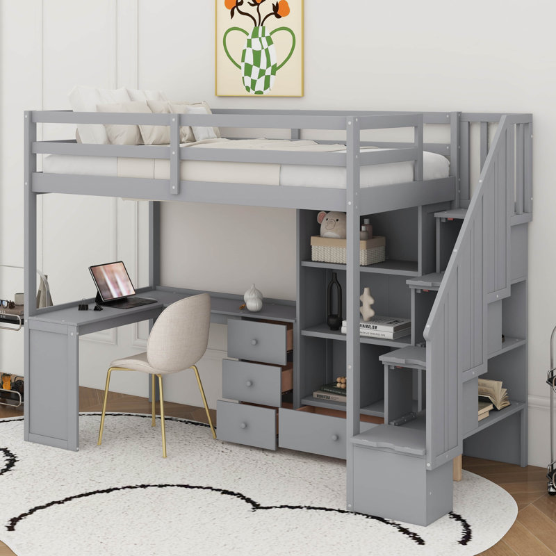 Twin Size Loft Bed With L-Shaped Desk And Drawers, Cabinet And Storage Staircase, Grey