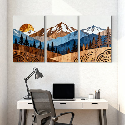 Paysage et nature, paysage de montagne avec soleil et arbres, ensemble de 3 impressions sur toile