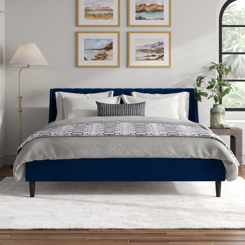 Helaina Upholstered Wingback Bed, King, Navy Blue Velvet