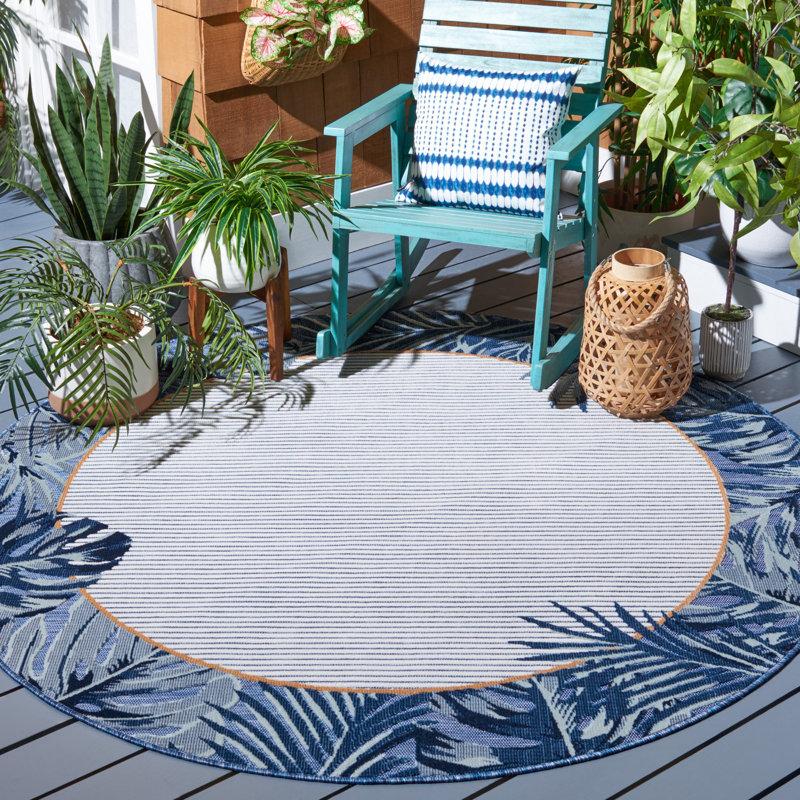 Tapis intérieur / extérieur ivoire / bleu marine / jaune Adheesh, Rond 6 pi 5 po