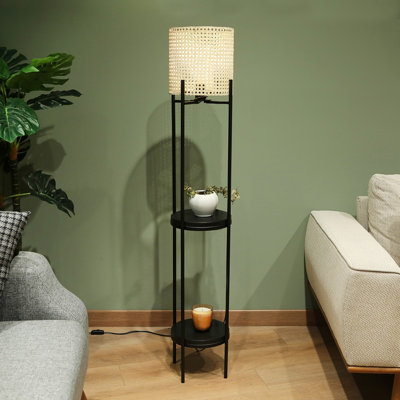 Lampe sur pied élégante, 100% rotin et cadre en métal, hauteur 55,1 pouces | Conception crème et noire, diamètre du capuchon de 7,5 po, douille E27 (40 W maximum) | Parfait pour le salon, la chambre à coucher et la décoration moderne | Solution d'?