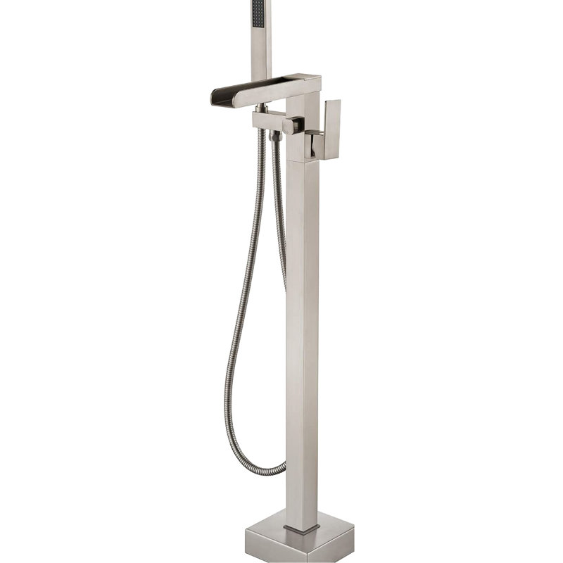 Bathroom Tub Filler In Brushed Nickel With Waterfall Effect And Hand Shower - Floor Mount Faucet Faucet, Rust Proof
