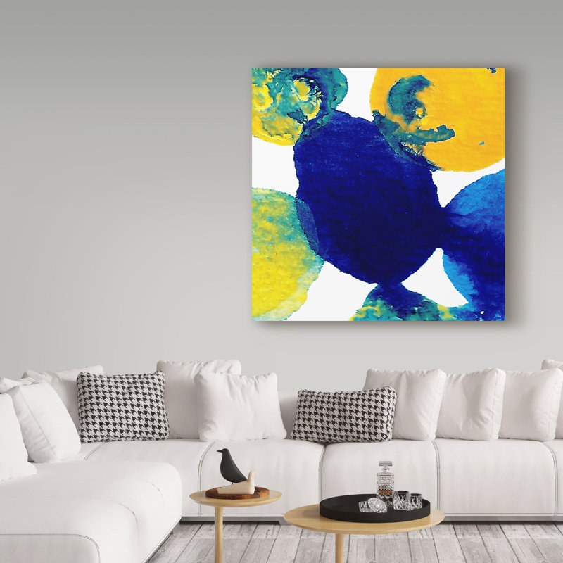 'Yellow and Blue Abstract Flowing Paint' Acrylic Painting Print on Wrapped Canvas, 14" H x 14" W x 2" D