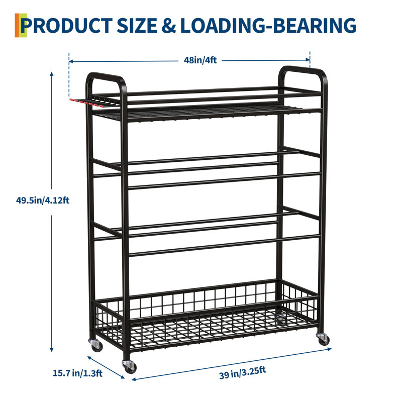49 inch Black Basketball Rack Rolling Basketball Training Stand Sports Equipment Storage with Wheels Four-Layer Organizer Holder with Two Basket for Basketballs Footballs Volleyball