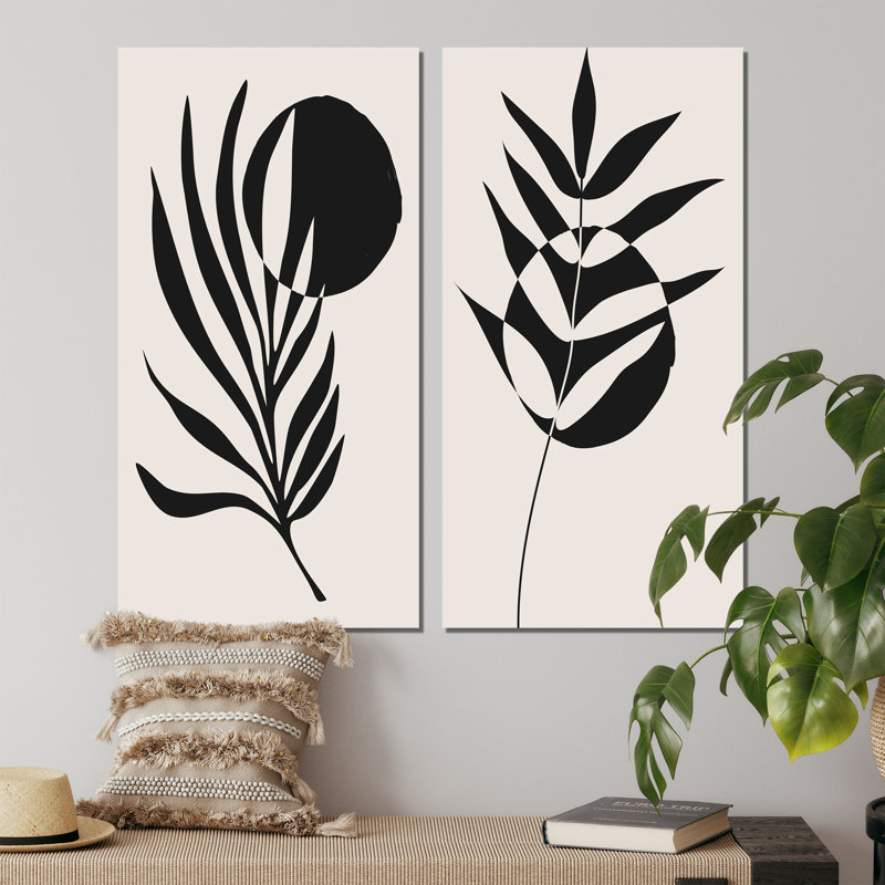 Minimalist Botanical Line with Palm Leaves II - ensemble de 2 peintures, Toile tendue, H 32 po x l 32 po x P 1 po