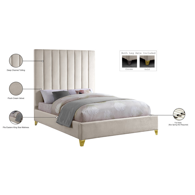 Sibert Upholstered Platform Bed, King, Cream Velvet