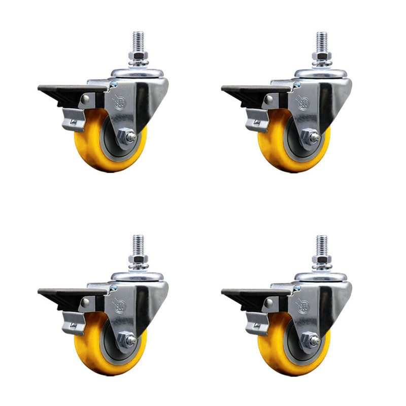 Ensemble de roulettes à tige filetée en polyuréthane 3 mm 10 mm avec frein, Jaune
