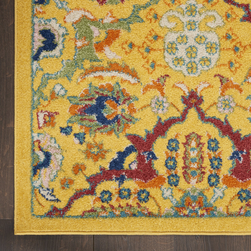 Tapis jaune à motif floral Weirton, Rectangle 9 pi x 12 pi