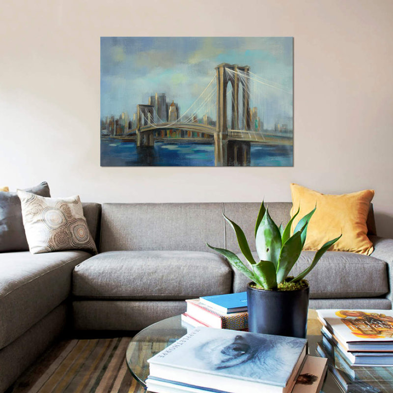 « brooklyn bridge », reproduction sur toile, H 18 po x l 26 po x P 1,5 po, Toile avec cadre noir, Pas de tapis