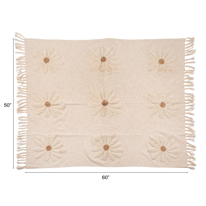 Jeté en coton flammé avec fleurs et franges touffetées