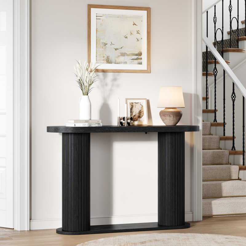 Console cannelée, table d'entrée ovale avec tablette inférieure pour le vestibule du couloir du salon, assemblage facile, noir