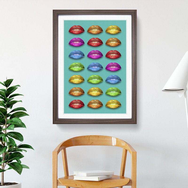 Rainbow Lips Teal 1 Piece Single Picture Frame Wall Art, 90cm H x 65cm W x 2cm D, Walnut Framed