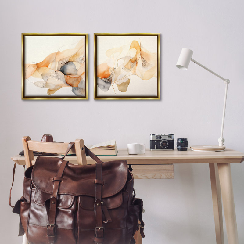 «Abstract Peach Watercolor Shapes», ensemble de 2 toiles flottantes encadrées par Irena Orlov, Cadre flottant métallique doré