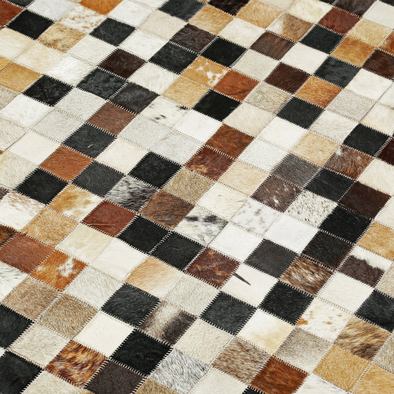 Tapis multicolore carré en patchwork de cuir de vache, tapis moderne, Rectangle de 10 pi x 14 pi