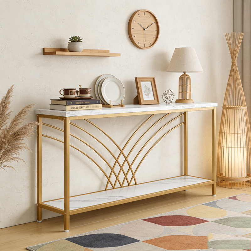 Console de table d'entrée en faux marbre avec 2 tablettes de rangement