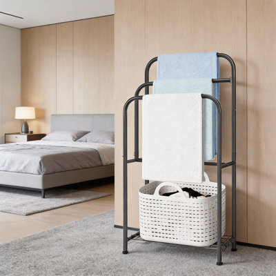 35'' Standing Towel Rack 3-Tier Metal Floor Holder With Storage Shelves For Bathroom & Pool Towels (Matte Black)