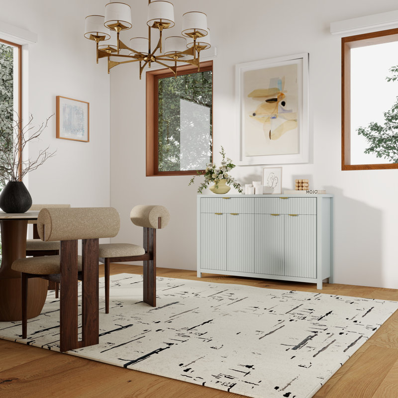 Buffet de rangement en bois avec portes à motif de vagues, 55 po, tablettes et tiroirs réglables, style moderne luxueux, Cyan