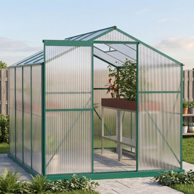 Heavy-Duty Walk-In Polycarbonate Greenhouse Measuring 6x8 Feet, Designed for Backyard and Outdoor Gardening