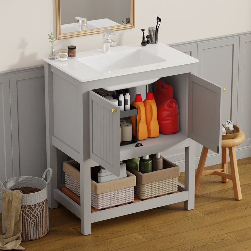 Armoire de salle de bain 30 po avec lavabo en céramique et meuble-lavabo autoportant avec 2 portes et tablette ouverte, gris