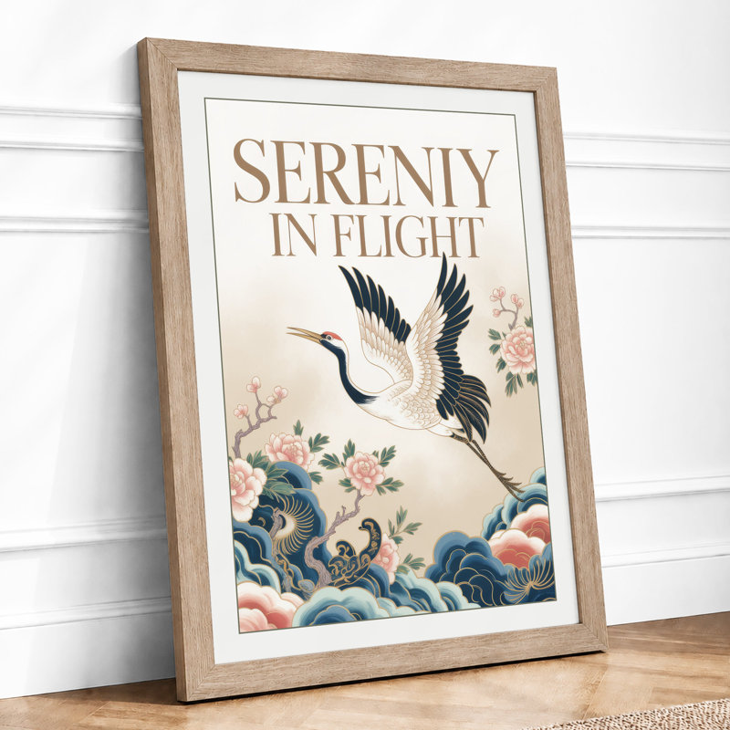 Cranes in Flight Japandi - Framed Print, A1 - 84.1 x 59.4 cm, Oak