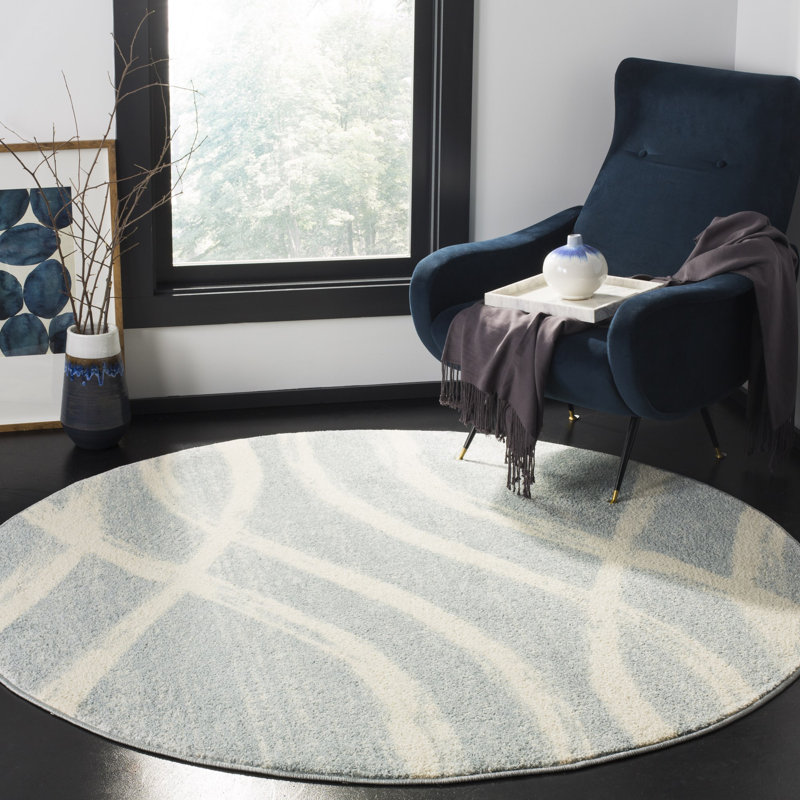 Tapis performance abstrait Shelva, Cream/Slate Blue, Rond 6 pi