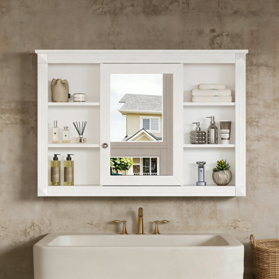 Armoire de rangement murale avec miroir et 4 tablettes ouvertes