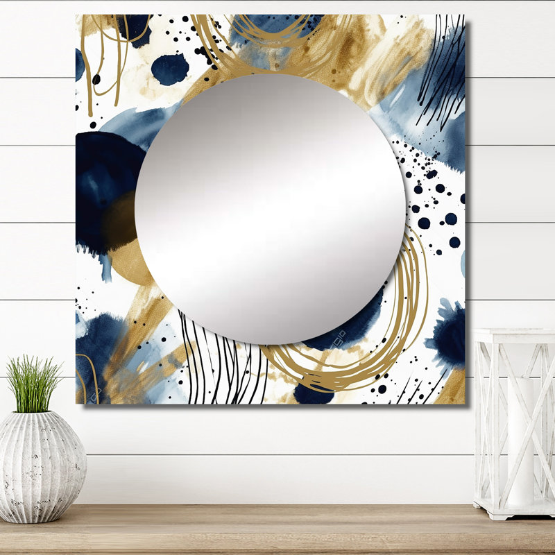 Sneller - Motif abstrait avec miroir texturé bleu et doré IV, 36 po x 36 po