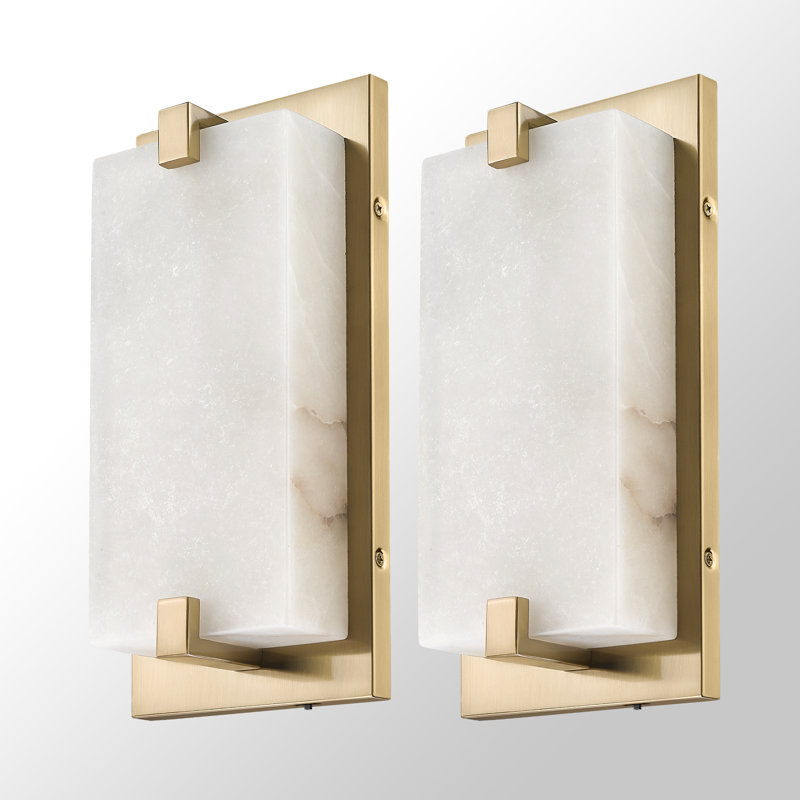 12.6" Dimmable LED Wall Mounted Sconce With Natural Spanish Marble Shade 5 Colors Adjustable (Set Of 2), Brass