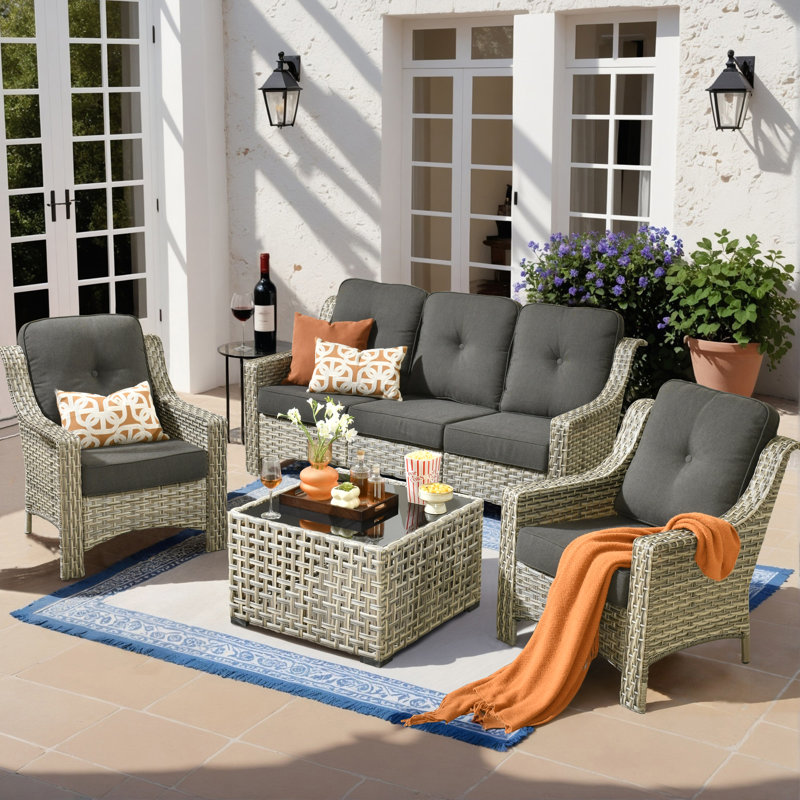 Harper 6 - Person Outdoor Seating Group With Cushions And Solar Powered Coffee Table, Black