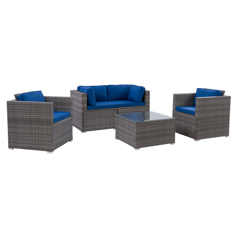 Ensemble de conversation modulaire en rotin 5 pièces avec coussins Newburyport, Bleu, Gris