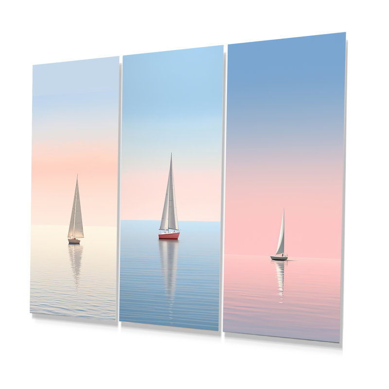 Coastal Calm Pink And Blue Sailboat Photo - Coastal Metal Wall Art Set Of 3, 32" H x 48" W