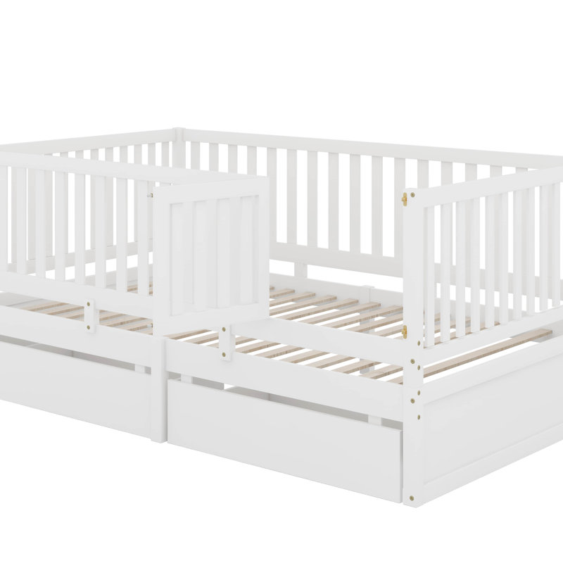 Twin Size Wood Daybed With Fence Guardrails And 2 Drawers, Split Into Independent Floor Bed & Daybed, White
