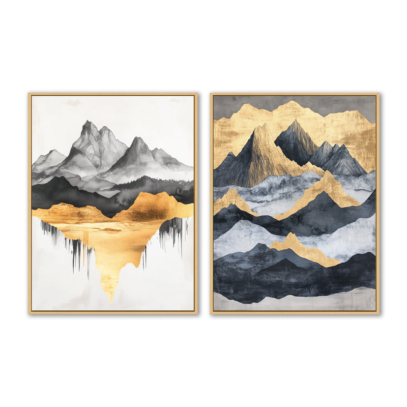  Or abstrait, art mural, toile de montagne à l'encre, miroir à l'encre et or, H 32 po x l 48 po, Cadre naturel flottant