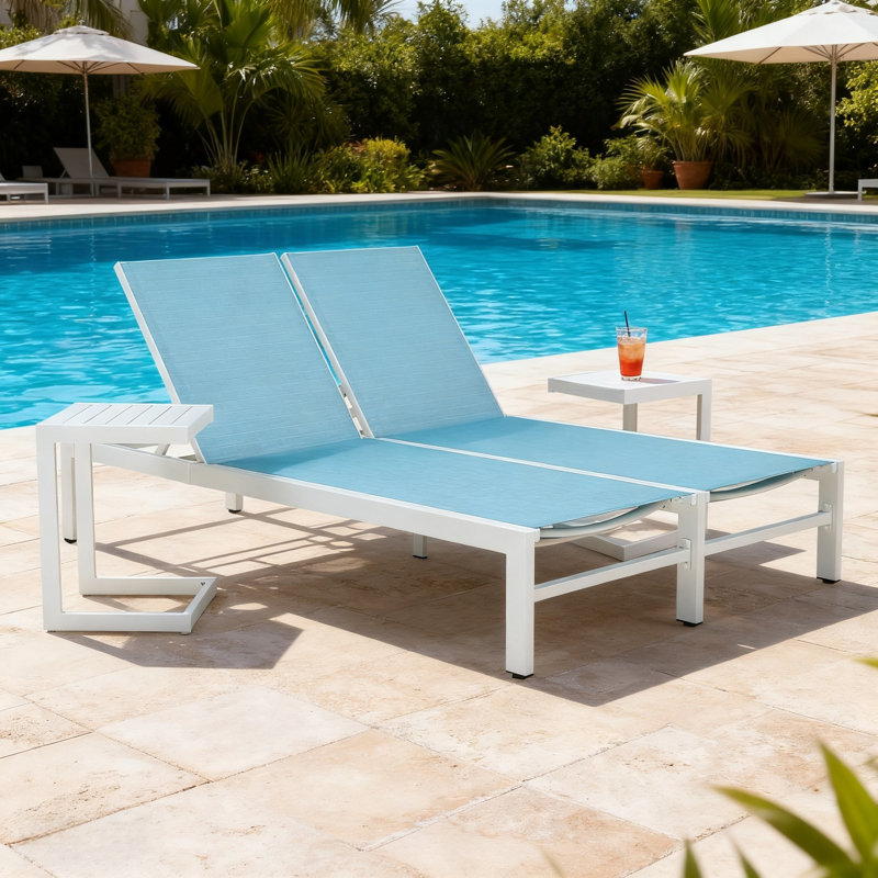 76.8" Long Reclining Aluminum Double Chaise Lounge Set With Tables