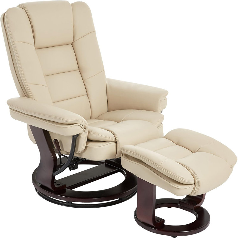 32" Contemporary Leather Recliner and Ottoman with Swiveling Mahogany Wood Base